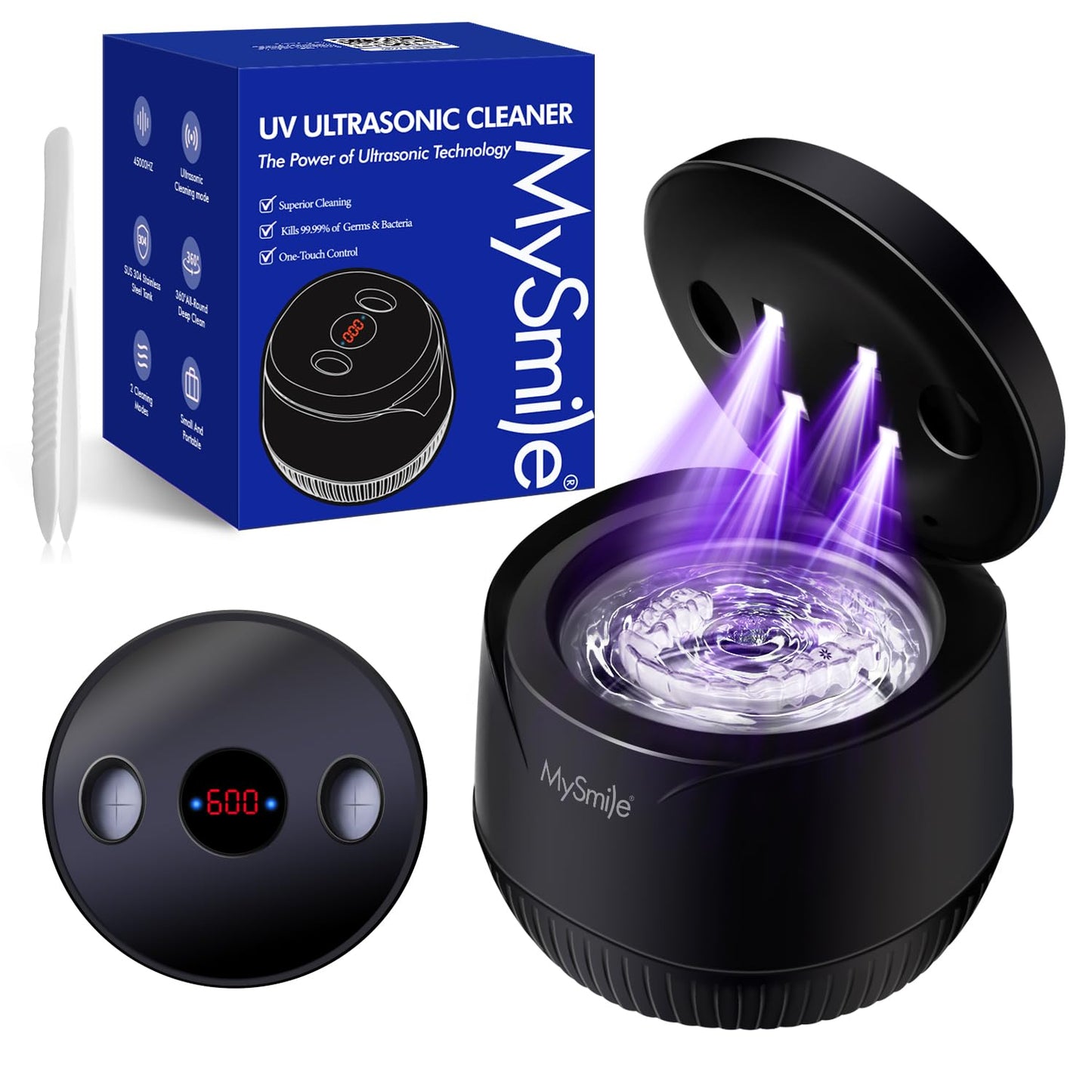 MySmile Ultrasonic Retainer Cleaner- 45kHz Denture Cleaner Machine with 200ML Capacity for Aligner, Mouth Guard, Braces, Portable Dental Cleaning Pod with 2 Mode Digital Timer for Home, Travel (BLACK)