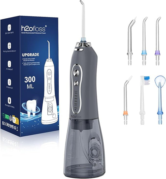H2ofloss Water Dental Flosser Pick for Teeth: 5 Modes Cordless Portable 300ML Larger Tank Water Teeth Cleaner IPX7 Waterproof Flossing Cleaning Picks for Home Travel Gray