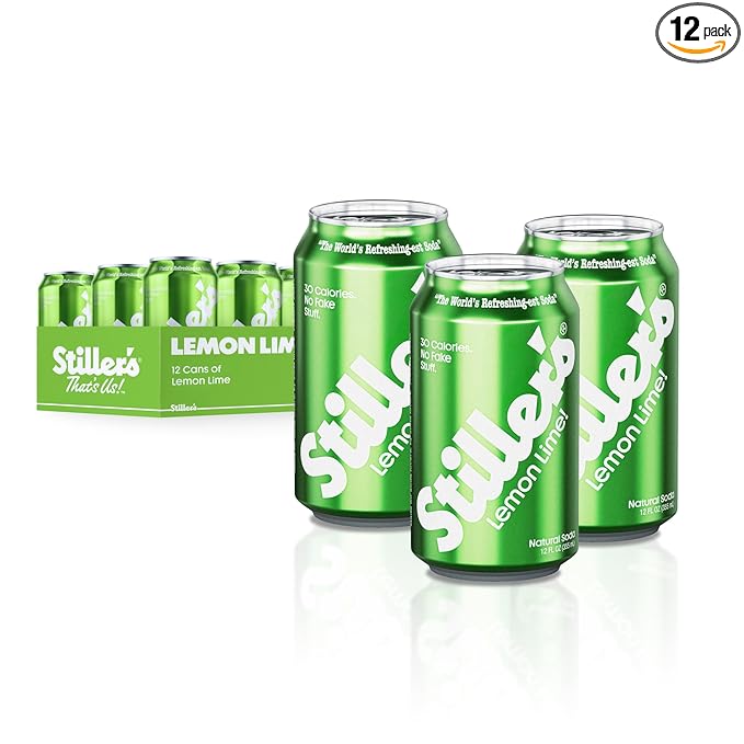 Stiller’s Lemon Lime Soda, 12 Pack Cans of Low Sugar Sparkling Soda Natural Lemon Lime Drink with Vitamins, Stevia Soda, Caffeine-Free, Alternative to Diet Soda