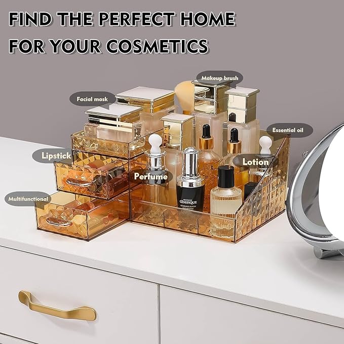 Clear Makeup Organizer for Vanity,Desk Makeup Caddy With Drawers for Cosmetics,Lipsticks Nail Care Skincare Jewelry Countertop Organizers,Cosmetic Display Cases for Bathroom, Dresser (Cream)