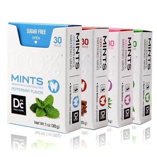 DC24 DAILY CARE 0-Calorie Breath Mints,100% Erythritol, Sugar Free for Dry Mouth, Gluten Free, Assorted Flavor, 30 Count, Pack of 4