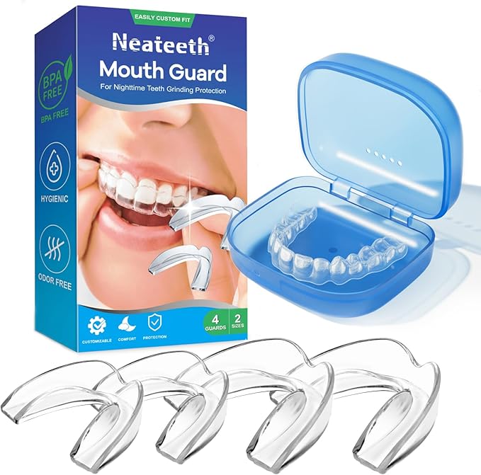 Mouth Guard for Grinding Teeth at Night, Neateeth Night Guards for Teeth Grinding & Clenching, Pack of 4 Dental Guards for Sleeping – 2 Sizes, Travel Case Included