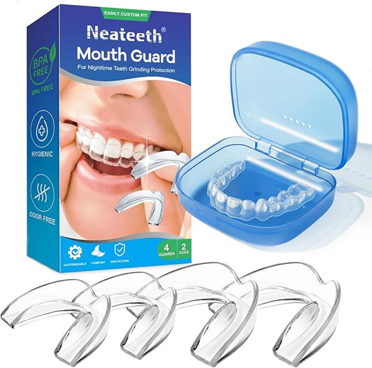 Mouth Guard for Grinding Teeth at Night, Neateeth Night Guards for Teeth Grinding & Clenching, Pack of 4 Dental Guards for Sleeping – 2 Sizes, Travel Case Included