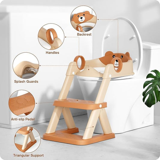 Potty Training Seat, Upgrade Toddler Toilet Seat for Kids Boys Girls, 2 in 1 Potty Training Toilet for Kids, Splash Guard Anti-Slip Pad Step Stool（Brown）