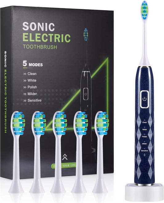 Sonic Electric Toothbrush for Adults - Deep Cleaning Teeth Whitening6 Replacement Brush Heads100-Day Battery5 Modes w/SensitiveIPX7 Waterproof (Color Options)