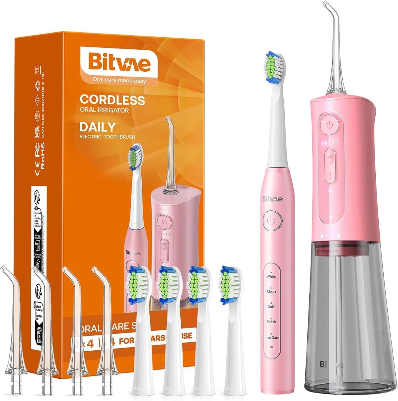 Bitvae Water Dental Flosser Teeth Picks - Cordless Portable Oral Irrigator, 5 Modes Sonic Electric Toothbrush with 3 Modes & 5 intensities Water Teeth Cleaner Combo, Quartz Pink