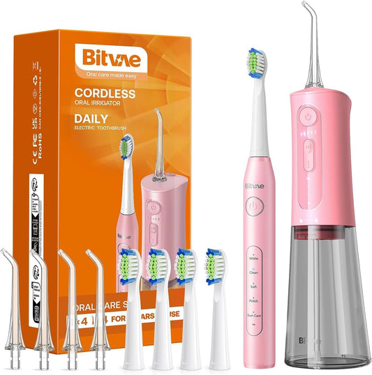 Bitvae Water Dental Flosser Teeth Picks - Cordless Portable Oral Irrigator, 5 Modes Sonic Electric Toothbrush with 3 Modes & 5 intensities Water Teeth Cleaner Combo, Quartz Pink