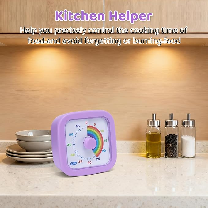 60 Minute Visual Timer for Kids and Adults, Silent Desk Timer with Rainbow Pattern, Time Management Tool for Kitchen Classroom Office Home, Purple