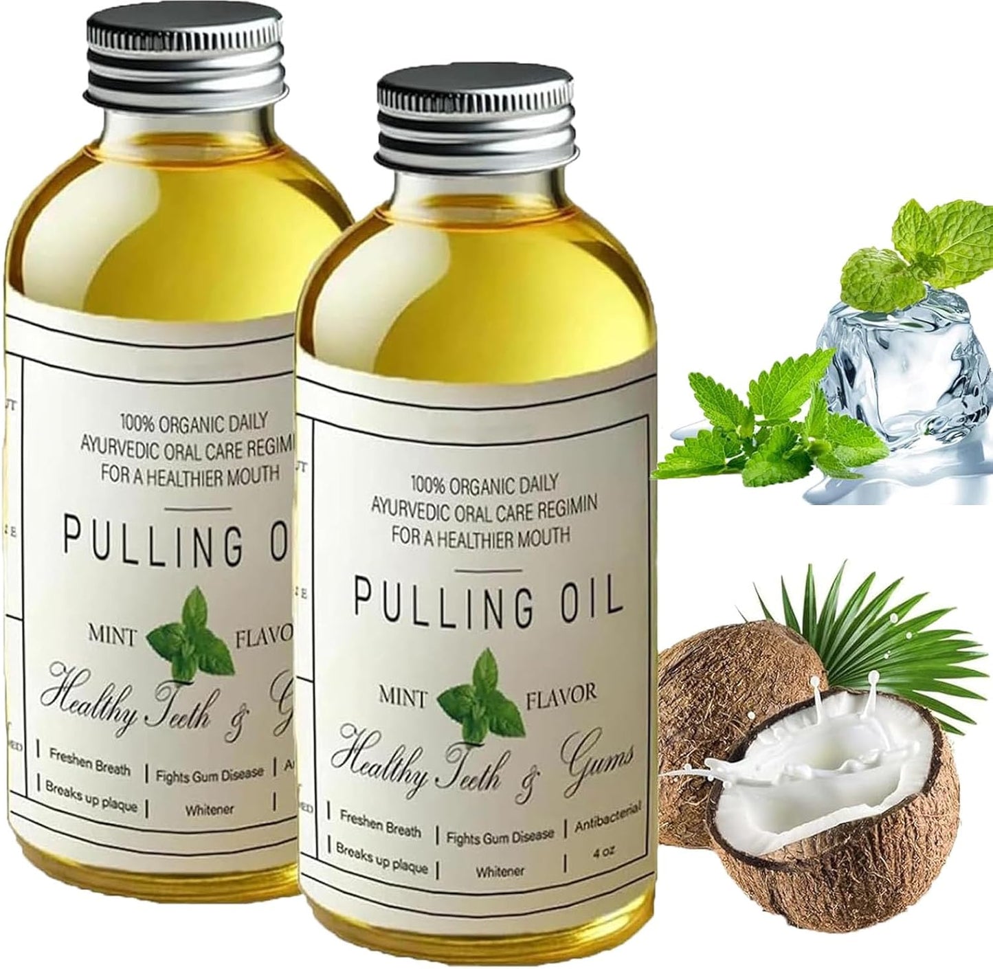 Coconut Oil Pulling for Teeth Whitening-Cocofresha Powerful Organic Coconut Peppermint Pulling Oil for Teeth and Gums, Pure Mouthwash Mint Freshness, Natural Cleanse, 4 Oz (2)