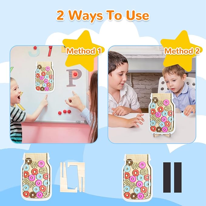 Reward Jar for Kids – Magnetic Wooden Behavior Chart and Incentive Jar with 25 Tokens, Stickers, Stand & Magnet – Positive Reinforcement Tool for Home, Toddlers or Classroom (Donut)