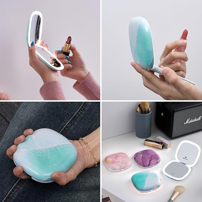 Mocado Compact LED Travel Makeup Mirror - 4 Inches 1X/10X Magnification Travel Mirror with Light Dimmable Double Sides Lighted USB Rechargeable Compact Mirror for Purse,Pocket,Travel(Blue Marble)