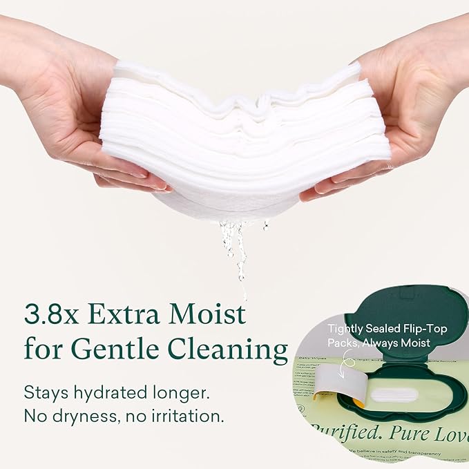 PurComfy Baby Wipes Unscented, 4 Flip-Top Packs + 4 Travel Pack 99.9% Water Wipes with Plant Based, Hypoallergenic for Sensitive Newborn Skin, Total 272 Count Wet Wipes