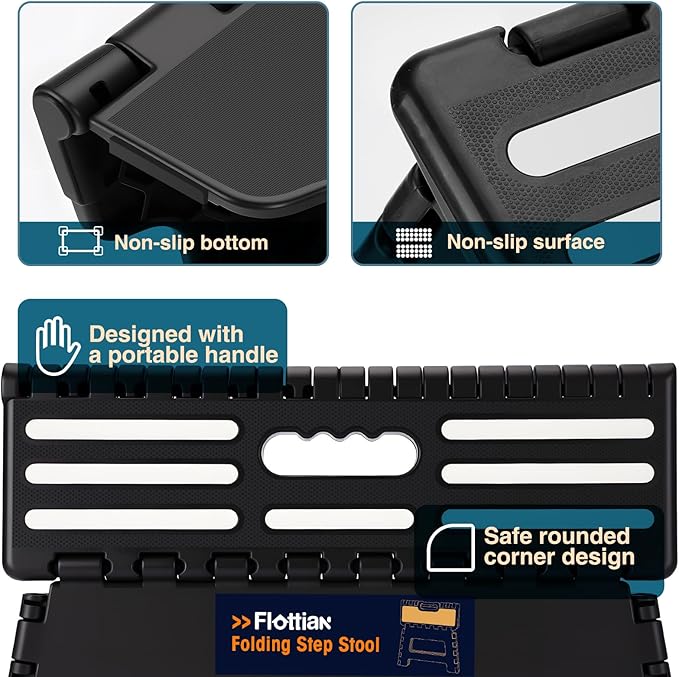 Flottian 5" Folding Step Stool for Adults and Kids 15-Inch Extra Wide Stool Holds Up to 300 lbs,Non-Slip Folding Stools with Handle,Compact Plastic Foldable Step Stool for Bathroom,Kitchen,ect Black