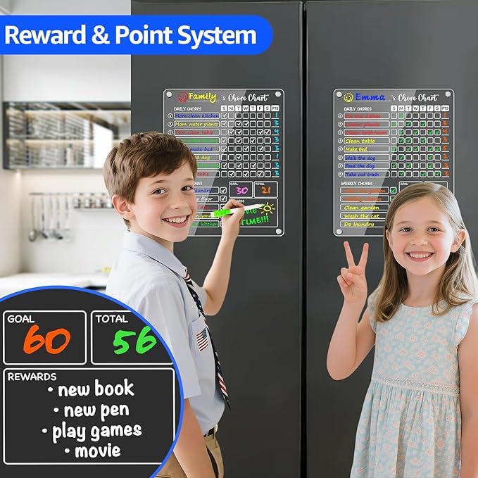 PigPotParty Acrylic Magnetic Chore Chart for Kids on Fridge – 9.5"x12" Daily & Weekly Dry Erase Chore Board with 8 Fine Tip Markers and 1 Towel – Responsibility Chart with Reward Point System