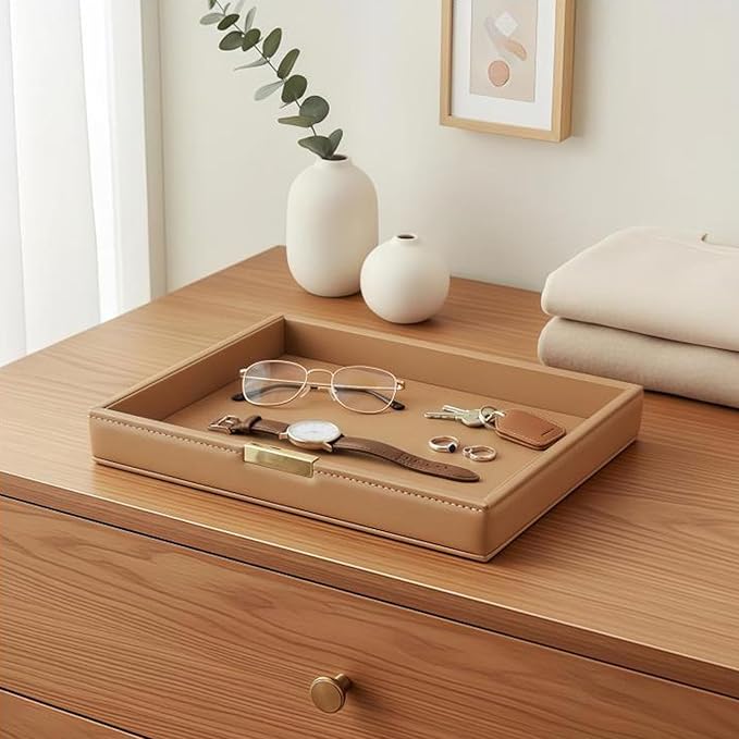 Vanity Organizer Tray for Bathroom Bedroom Dresser, Leather Valet Tray for Nightstand, Decorative Tray for Watch Jewelry Perfume Phone Storage (Brown)