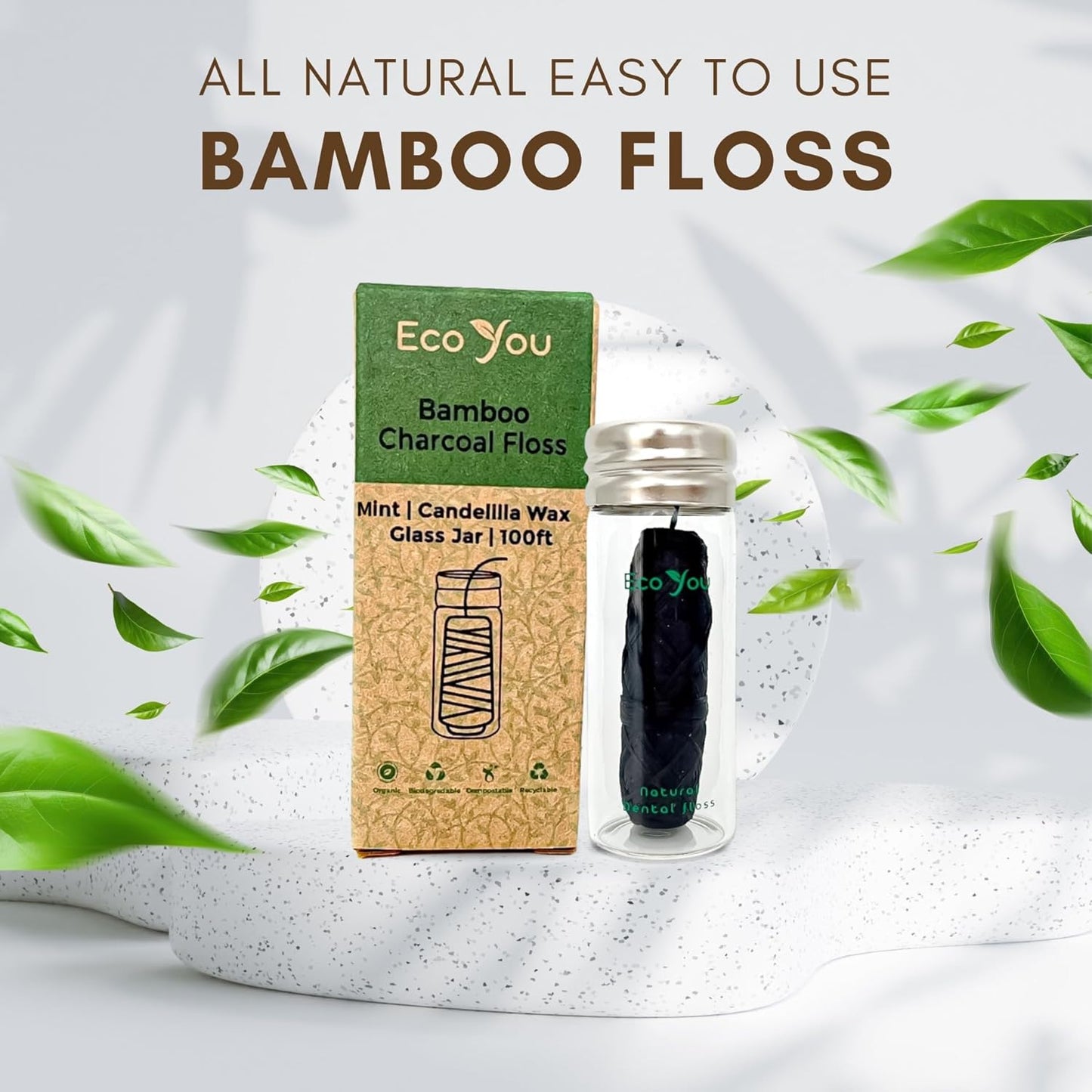 Charcoal Bamboo Floss | 1 Non Toxic Natural Floss Refill with Glass Container | Organic Mint & Candelilla Wax | Vegan & Biodegradable | Compatible with Similar Size Dental Silk Containers