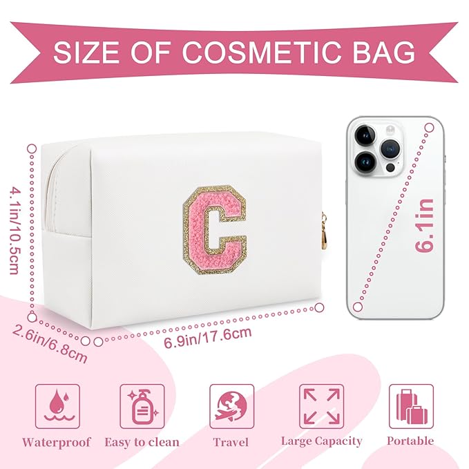 Personalized Makeup Bag Initial A-Z Preppy Patch Bag,Small PU Leather Travel Cosmetic Bag Pouch with Zipper,White Cute Toiletry Bag,Gift Ideal for Teen Girls Women Birthday Friend Mom,Letter C