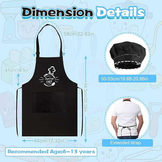 Kids Apron and Chef Hat Set, “Junior CHEF” Funny Apron Adjustable Kitchen Apron Cooking Baking Painting with 2 Pockets for Boys and Girls