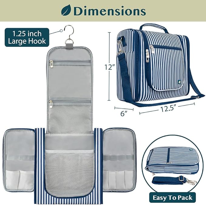 PAVILIA Extra Large Toiletry Bag Travel Bag for Women Men, Hanging Cosmetic Organizer, Water Resistant Makeup Bag for Accessories Toiletries, Travel Essentials Kit (Stripe Navy)