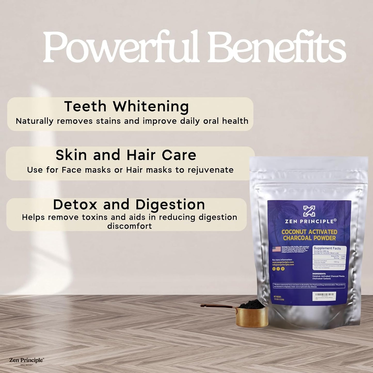 Zen Principle Coconut Activated Charcoal Powder. Whitens Teeth, Rejuvenates Skin and Hair, Supports Better Digestion. USA-Owned Producers, 2.5 lb