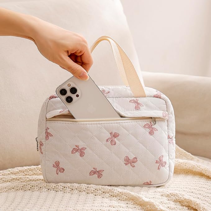 Large Size Quilted Coquette Makeup Bag, Cute Preppy Floral Cotton Travel Cosmetic Organizer Bag with Top Handle, Multi-Layer Travel Toiletry Pouch for Girls (07White Pink Bow)