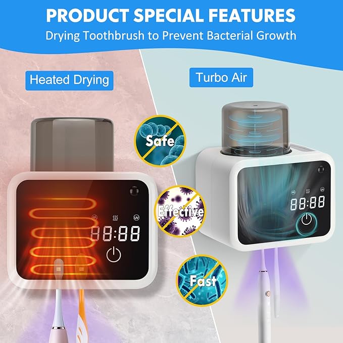 Wall Mounted Toothbrush Cleaning Holder, 2 Slots UV Toothbrush Cleaner with LED Screen, Timer and Cup, Smart Toothbrush Storage with Heating and Fan Drying for Bathroom Organizer & Decor - White