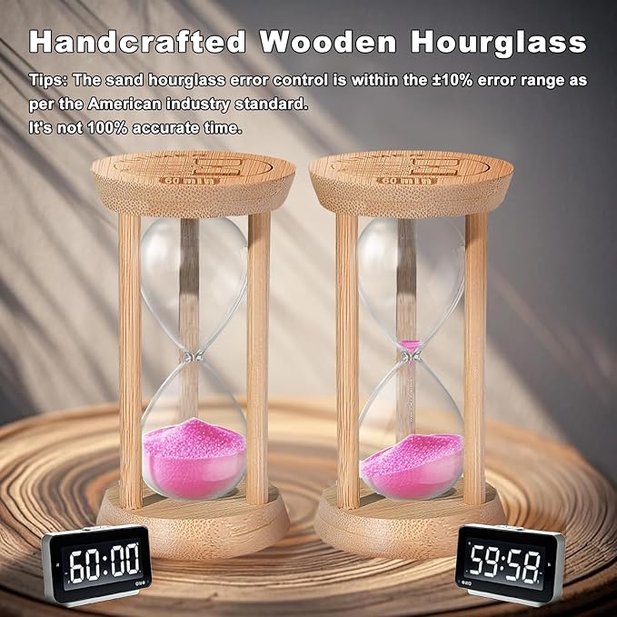 60 Minute Wooden Sand Timers, Bamboo Pink One Hour Sand Hourglass for Productivity, Meditation & Decor, 60 Min Reloj De Arena for Kitchen, Office, Yoga, Game, Classroom (Pink)
