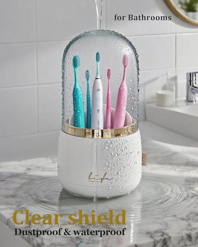 bubooo 360° Rotating Toothbrush Holder for Bathroom - Non-Slip Space-Saving 7-Slot with Cover & Drainage, Electric Toothbrushes/Toothpaste/Razor Organizer for Counter Vanity (White)