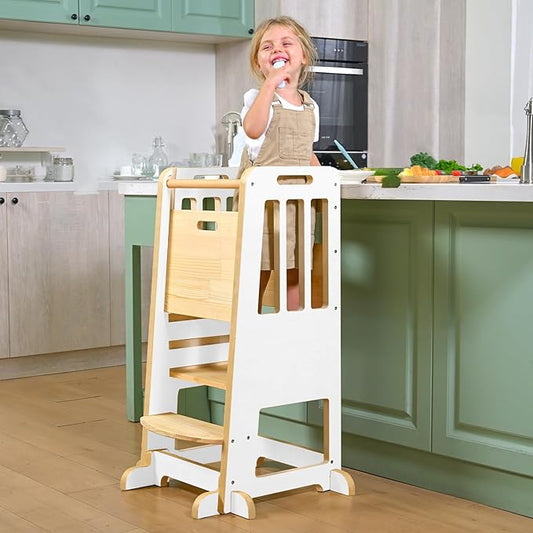 WINGYZ Toddler Kitchen Stool – Adjustable Helper Tower for Kids with Safety Rail, Wooden Standing Step-Up Stool, Sliding Door & Stable Base, White