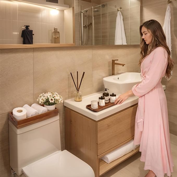 Handmade Toilet Tank Basket Topper & Vanity Tray Set of Natural Acacia Wood by DEMIGO, Created by Skilled Artisans, Smooth, Durable, Attractive Decor for Bathroom, Kitchen, Home, Spa