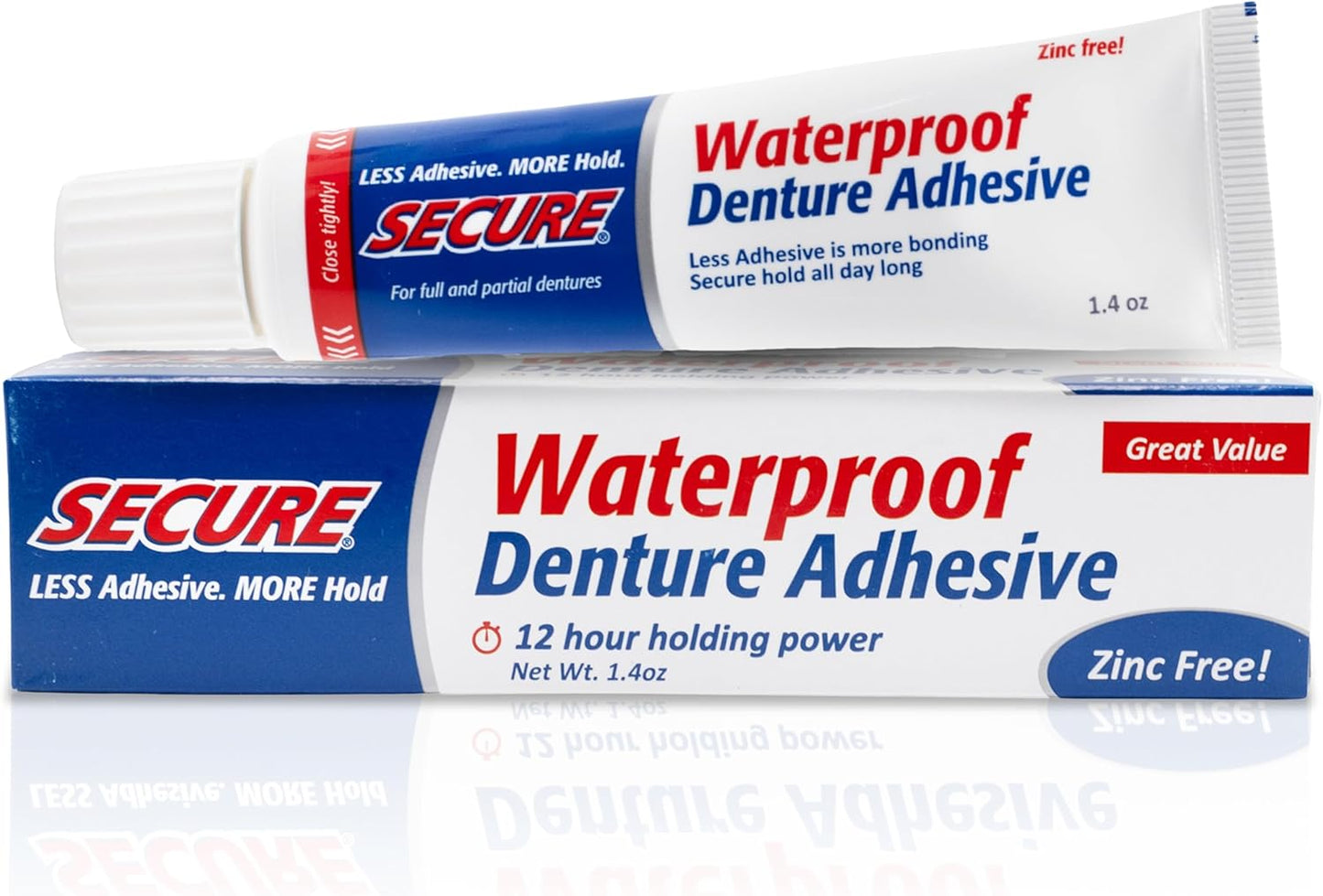 Secure Waterproof Denture Adhesive - Zinc Free - Extra Strong Hold For Upper, Lower or Partials - 1.4 oz