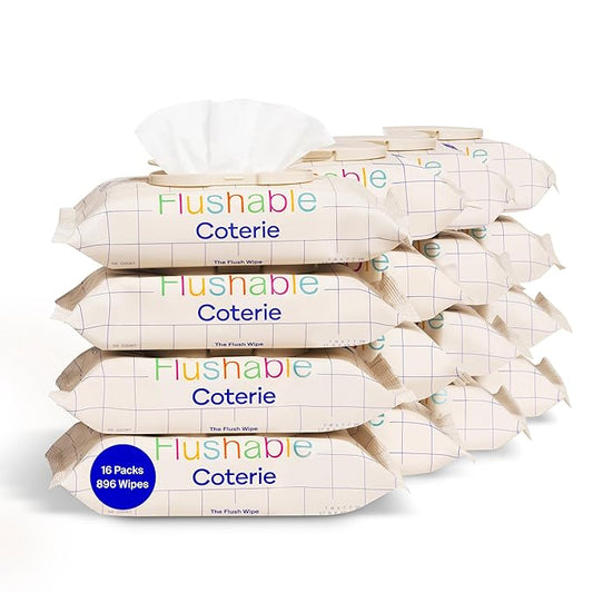 Coterie Flushable Wipes for Toddlers, Designed for Potty Training, Safe for Sensitive Skin, Hypoallergenic, 99% Water, Plant-Based, Fragrance Free, Sewer & Septic Safe, 16 Pack (448 Wipes)