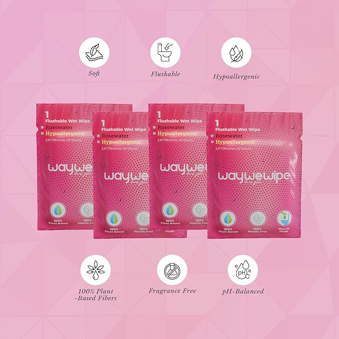On-The-Go Flushable Feminine Wet Wipes, 32 Count XL Individually Wrapped Female Wipes, Hypoallergenic 100% Plant Based Septic Safe, Travel Size Adult Cleansing Cloth for Women, Rosewater