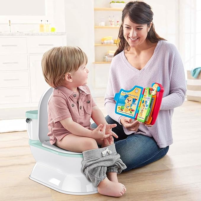 2-in-1 Toddler Potty Training Toilet - Larger Potty Chair & Detachable Training Seat for Boys & Girls Ages 1-3 with Flushing Sound, Wipes Storage, Toilet Paper Holder - Cyan