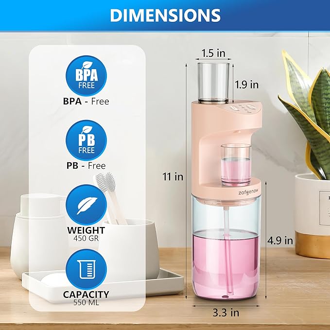 Automatic Mouthwash Dispenser for Bathroom,Bathroom Accessories 19.4 Fl Oz Dispensers with Magnetic Cups,Wall Mounted Dispenser,Suitable for All Age Groups,Pink