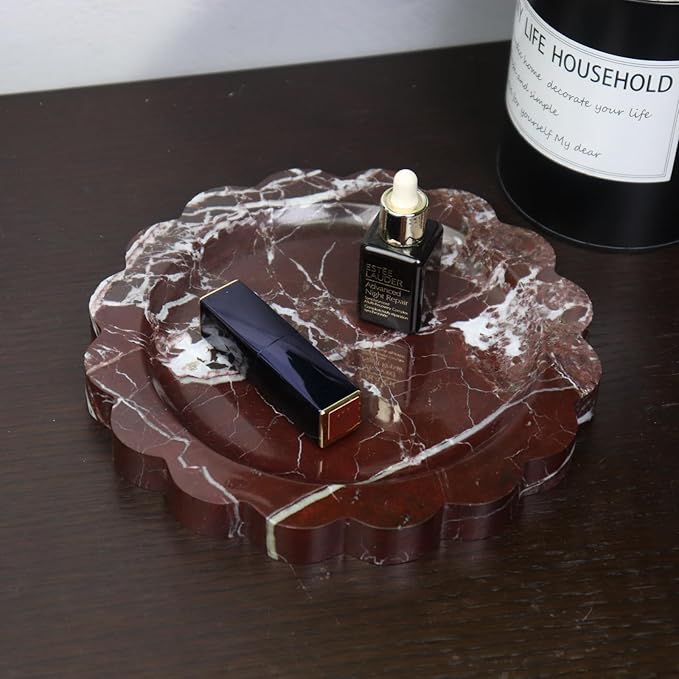 Round Marble Decorative Tray with Scalloped Edge, Luxury Natural Stone Bathroom Vanity Tray, Dresser Top Perfume Coffee Home Kitchen Sink Tray, Key Trinket Ring