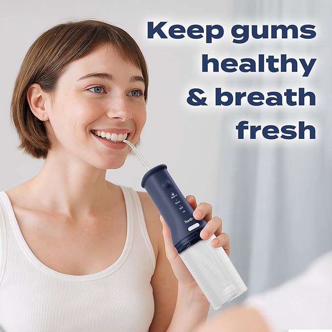 7AM2M Portable Cordless Water Flosser, Oral Irrigator with 3 Modes & 2 Tips, Fast Rechargeable, IPX7 Waterproof, Dental Water Flosser for Travel and Home Use (Navy Blue)