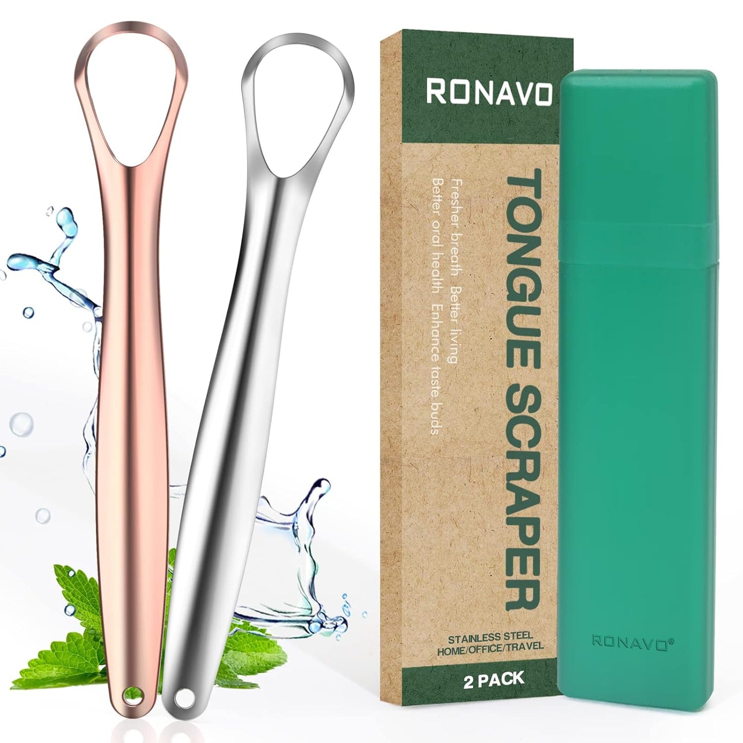 RONAVO Tongue Scraper for Kids, Children, Adult, Stainless Steel Tongue Cleaner Reduce Bad Breath, with Handy Case, 2 Colors