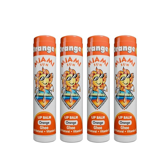 Miami Sun Natural Ghee Lip Balm, Hydrating Lip Treatment with Shea Butter & Beeswax, Organic & Non-Toxic, Best for Dry, Chapped Lips - Moisturizing, Healing, Chemical-Free Lip Repair (4 Count, Orange)