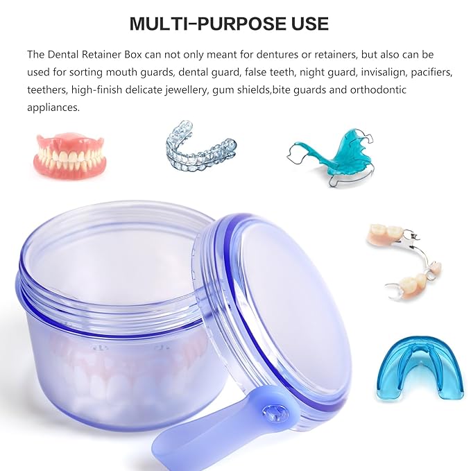 Leak Proof Travel Denture Bath Case for Full Dentures, Denture Cups for Soaking Dentures, Denture Container Cups with Brush for Dentures, Aligner, Retainers, Mouth Guard (Blue)