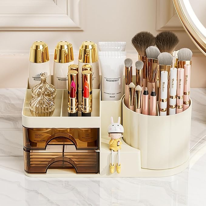 Makeup Organizer for Vanity with 2 Drawers,Countertop Rotating Makeup Brush Holder,Bathroom Organizer Holder,Cosmetic Display Case for Lipstick,Beauty,Skincare Organizer (Cream)