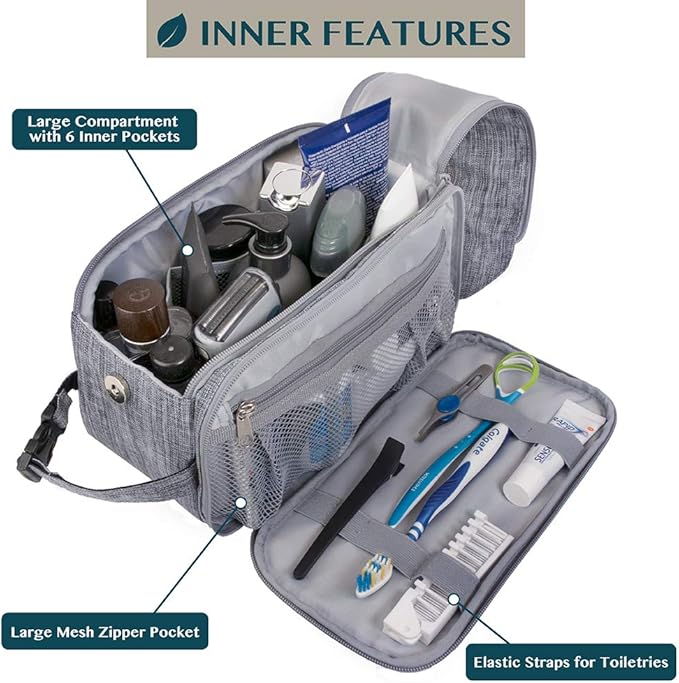 PAVILIA Toiletry Bag for Men, Travel Essentials Shaving Dopp Kit, Mens Travel Bag Toiletries Organizer Case for Grooming, PU Leather Water Resistant Cosmetic Bag Pouch (Heather Grey)