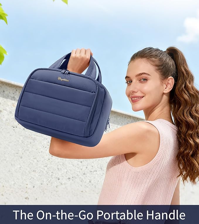 Travel Toiletry Bag, Lightweight Wide-open Large Puffy Toiletry Bag for Women, Quilted Makeup Bag Organizer Water-resistant Cosmetic Bag with Handle for Toiletries, Essentials, Accessories