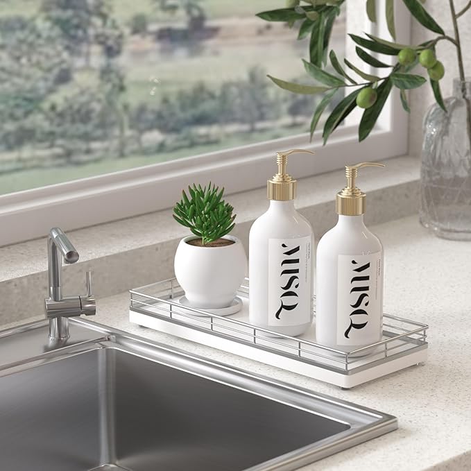 Bathroom Tray for Counter, Oak Wooden 11.2" L Vanity Tray for Jewelry Candle Makeup Perfume, Holder for Coffee Table Decor Bar Silver