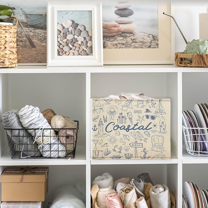 Beach Sea Storage Basket Organizer Bins With Handles,Summer Coastal Rustic Starfish Organizing Decorative Storage Basket,Collapsible Closet Shelf Cloth Organizer Basket for Bedroom Bathroom