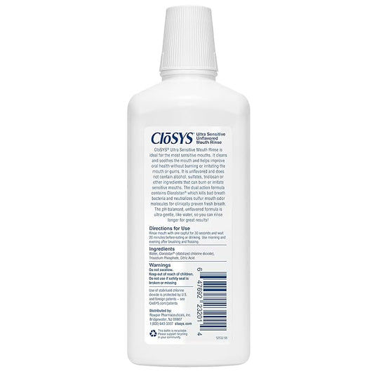 CloSYS Ultra Sensitive Mouthwash, Unflavored Alcohol Free, Dye Free, pH Balanced, Helps Soothe Entire Mouth – 32 Oz