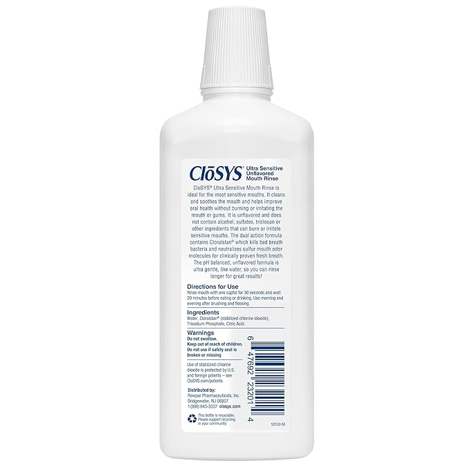 CloSYS Ultra Sensitive Mouthwash, Unflavored Alcohol Free, Dye Free, pH Balanced, Helps Soothe Entire Mouth - 32 Oz (Pack of 3)