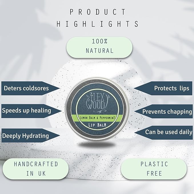 The Ilex Wood - All Natural Lip Balm - Lemon Balm and Peppermint - Cold Sore Treatment for Lips, Palm Oil Free, Cruelty Free, Plastic Free, Moisturising Lip Balm, Handcrafted - 10ml (0.34 fl oz)
