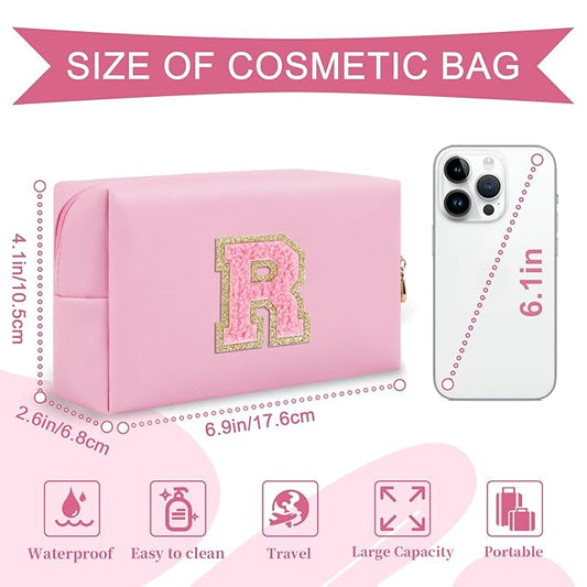 Personalized Initial A-Z Preppy Patch Makeup Bag,Small PU Leather Chenille Letter Cosmetic Bag with Zipper for Teen Girls,Pink Cute Travel Toiletry Bag,Birthday Monogrammed Gift for Daughter,Letter R