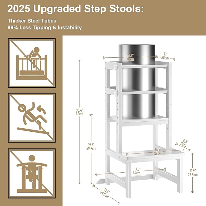 Kitchen Step Stool for Toddlers, [Thicker Tube Upgraded] Anti-Tip Toddler Tower with Safety Rail, Height Adjustable Helper for Kids, Learning Tower, Kids' Desk White Bigger